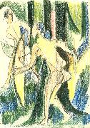 Arching girls in the wood - Crayons and pencil Ernst Ludwig Kirchner